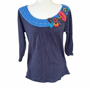 Anthropologie C KEEN Embroidered Floral Crochet Knit Navy Blue Top Size Medium